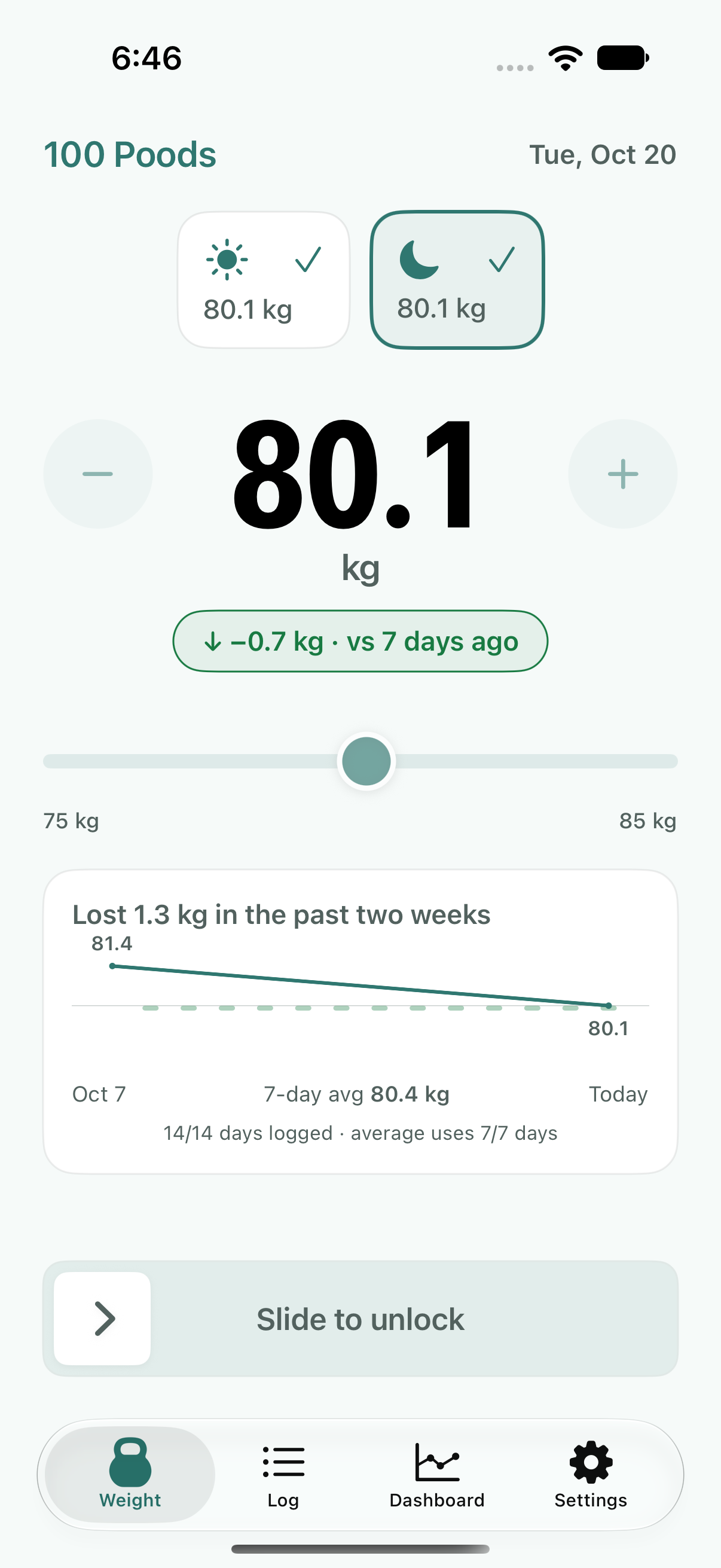 100 Poods weight entry screen with a large weight value, recent chart, and slide to unlock